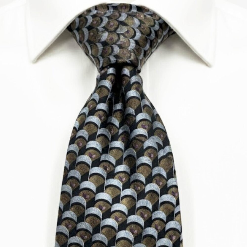 Vtg Guy Laroche Silk Tie Art Deco Scalloped Fan Geometric Blue Brown Designer